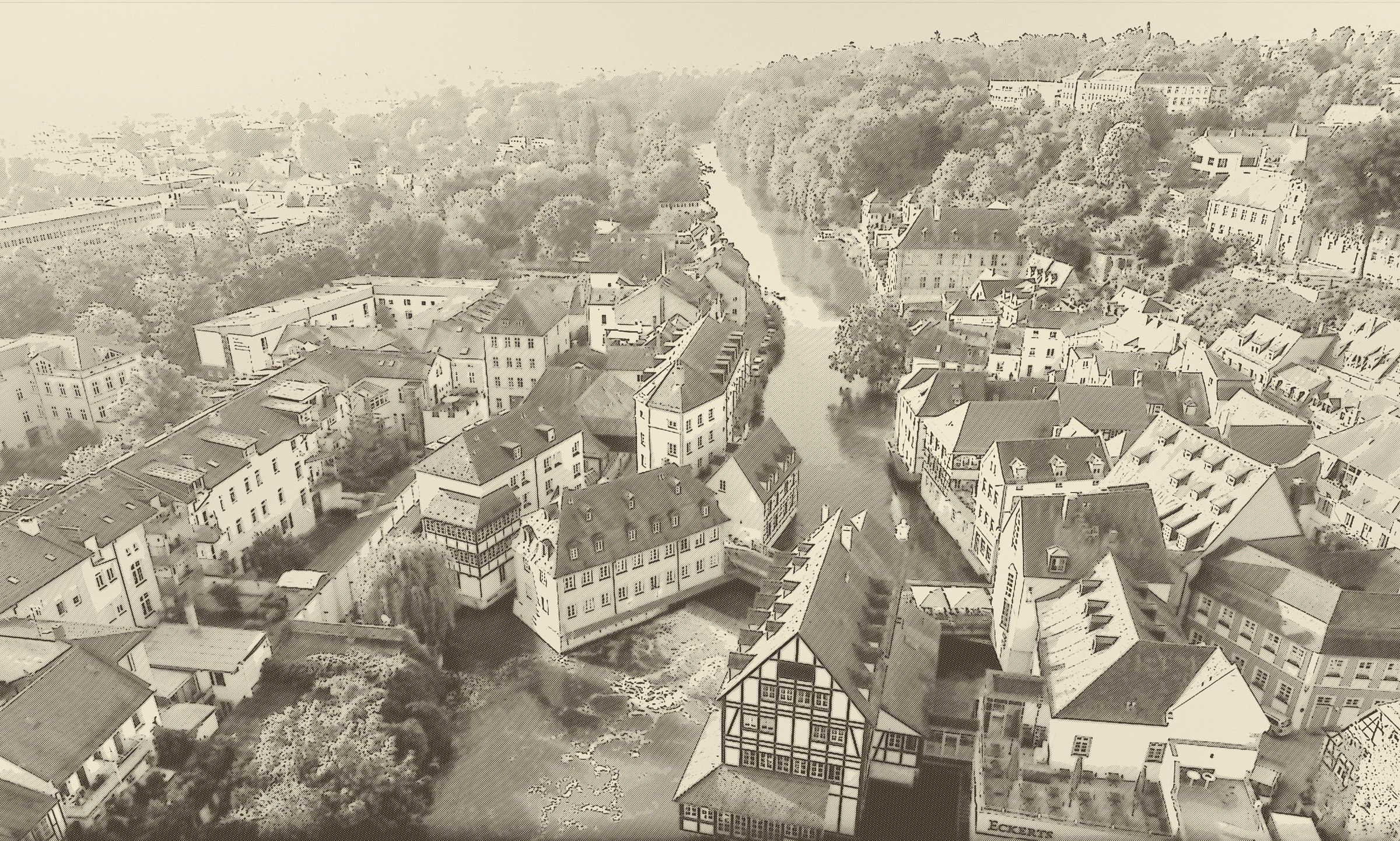 Zeichnung: Bamberg aus der Vogelschau